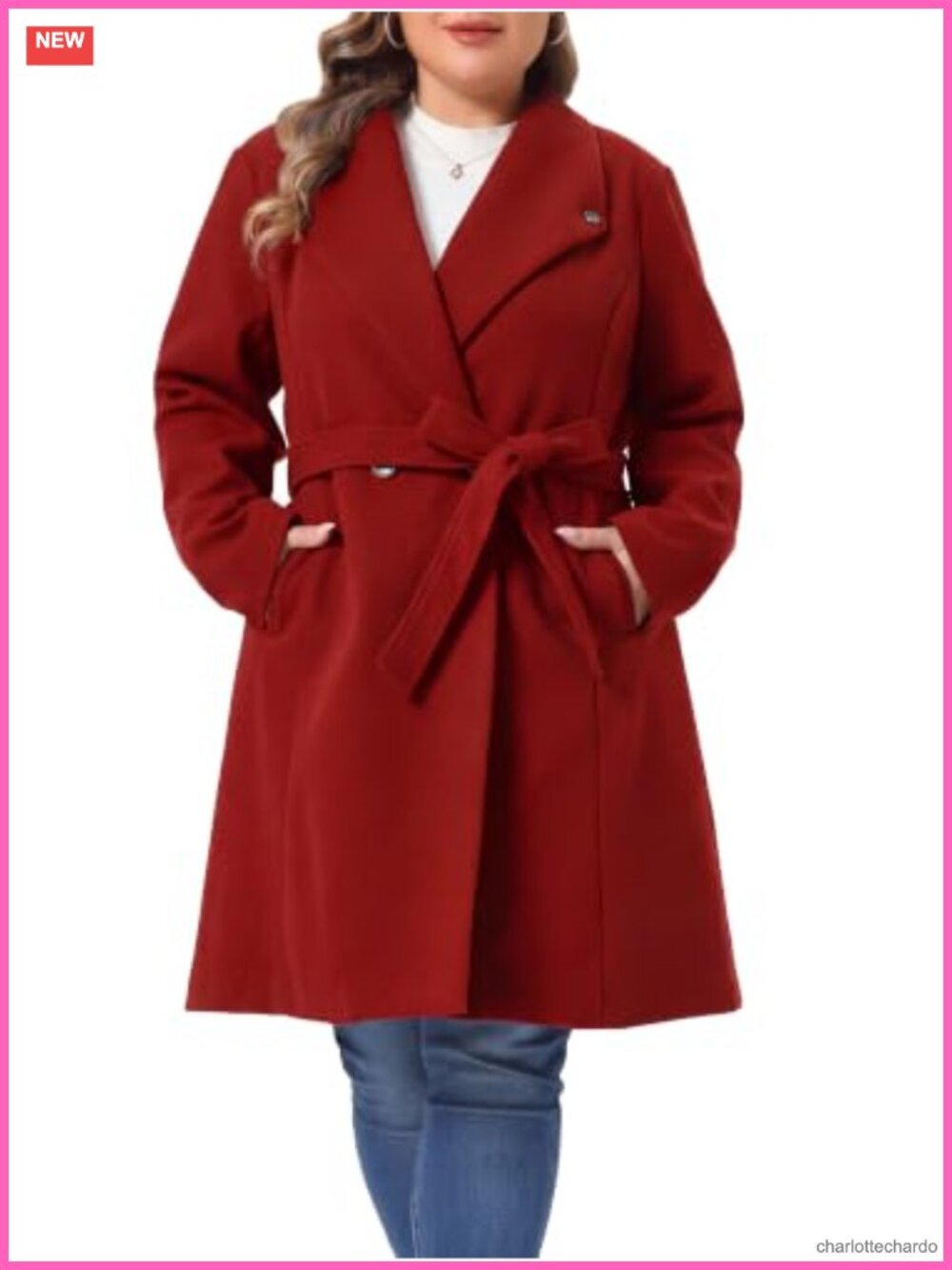 Plus Size Double Breasted Belted Midi Pea Coat Winter